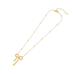 Elegant gold stainless steel necklace with pearl bow pendant on white background