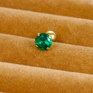 Green round zircon earring in 4-prong stainless steel gold setting for ear cartilage piercing