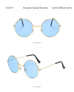 Close-up of retro round gold metal sunglasses with light blue lenses from multiple angles