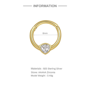 Detailed view of 8mm gold S925 sterling silver geometric triangle cartilage hoop with AAAAA zircons