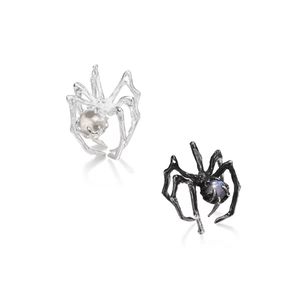 Dark punk black spider rings with moonstone and silver finish, adjustable open band style