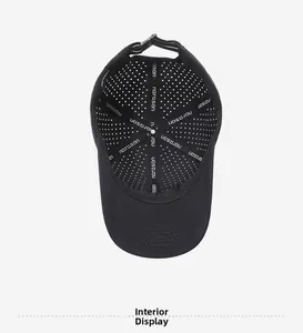 Interior view of black mesh baseball cap showing breathable laser-cut holes and seams