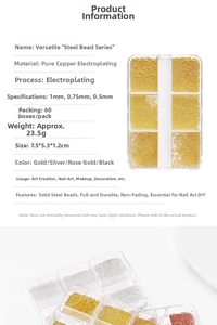 Detailed chart showing 0.5mm to 1.0mm mini metal beads for nail art in various colors