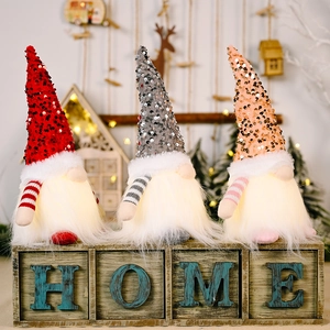 Set of 3 glowing Christmas gnomes with LED lights and sequin hats in red grey and pink