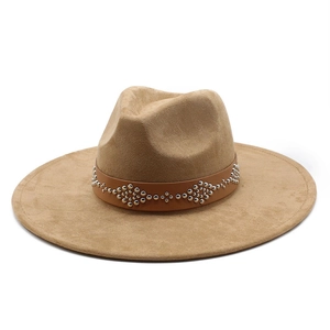 Faux Suede Wide Brim Fedora Hat With Rivet Studded Leather Band Western Cowboy Tribal Style For Men Women Autumn Winter