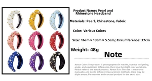 Detailed size specifications for pearl and rhinestone knotted headbands in nine colors