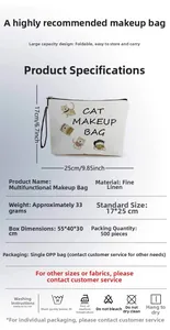 Detailed view of linen cat makeup bag with 17x25cm dimensions and lightweight material