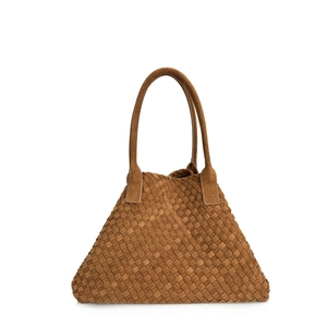 Brown hand-woven suede leather tote bag with elegant arched handle on white background