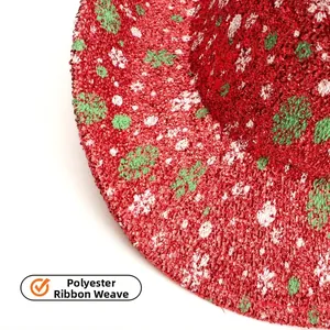 Close-up of red and white woven polyester ribbon texture with festive metallic glitter finish