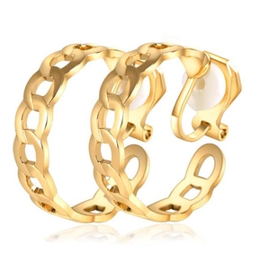 Detail of gold C-shaped ear cuffs featuring a hollow chain design with soft pads