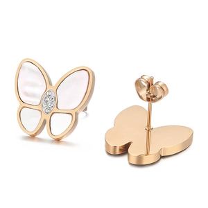 Elegant 3D butterfly stud earrings in rose gold with shell inlay and zircon accents