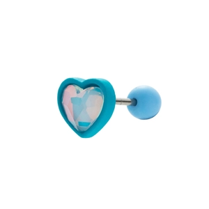 Detailed macro view of heart shaped blue opal stud earring with screw back ball closure