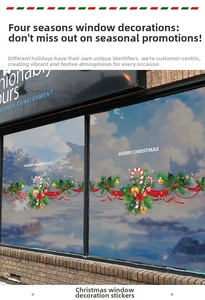 Macro view of Merry Christmas window sticker with candy cane and festive ribbon wreath