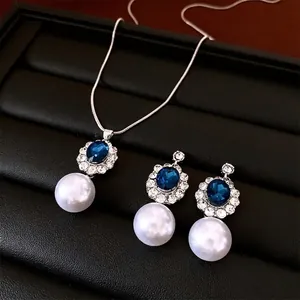 Jewelry Set With Faux Artificial Pearl And Blue Oval Crystal Alloy Pendant Necklace And Drop Earrings Vintage Court Style For Women
