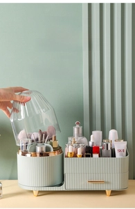 Detail of mint green makeup organizer showing the dustproof lid being opened by hand