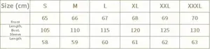 Size chart detail for men tracksuit featuring measurements for S to 3XL in centimeters