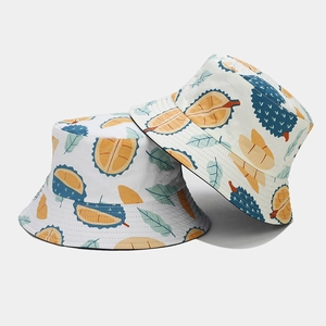 Detail of durian pattern print on bucket hat showing high-quality twill cotton fabric texture