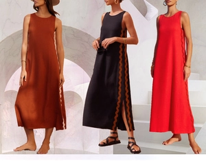Three-model side view showing scalloped lace trim and side slits on sleeveless midi dresses