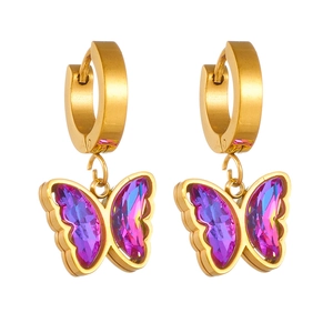 Elegant gold titanium steel earrings with purple crystal butterfly pendants on white background