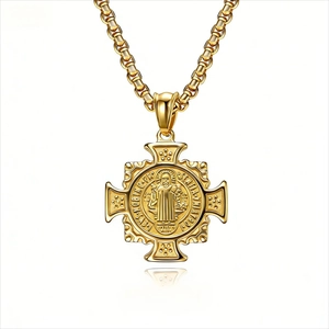 Polished gold stainless steel Saint Benedict cross pendant necklace for men