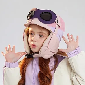Kids winter aviator hat with goggles and earflaps in pink and purple fleece