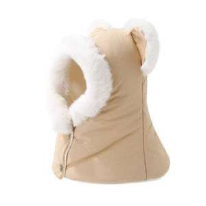 Beige winter bear ear hooded scarf for kids with warm faux fur trim and button closure