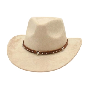 Classic beige faux suede cowboy hat with star-studded leather band and rivets