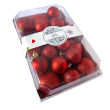 Detail view of 36-piece red Christmas ball ornaments in a transparent gift box set