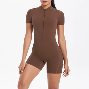 Slim fit dark brown yoga romper with front zipper and short sleeves for fitness