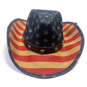Hand-painted American flag cowboy hat with vintage stars and stripes in woven straw