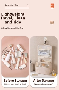Detail of hanging toiletry bag showing before and after storage with hooks and dividers