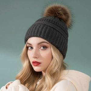 Winter Knitted Beanie Hat With Faux Fur Pom-pom Chunky Ribbed Warm Soft Solid Color Acrylic Headwear For Women Men