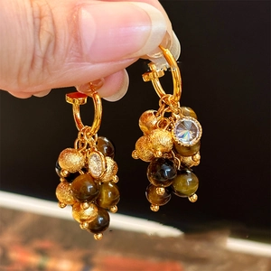 Retro Tiger Eye Cluster Drop Earrings Zircon Frosted Beads 925 Sterling Silver Earring Post French Luxury Vintage Style