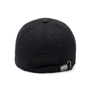 Rear view of winter baseball cap with fleece lining and adjustable metal buckle