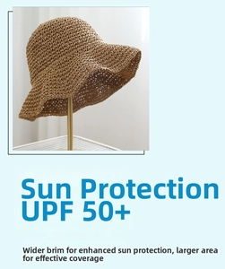 Detail of light brown woven straw sun hat with wide brim and UPF 50+ protection