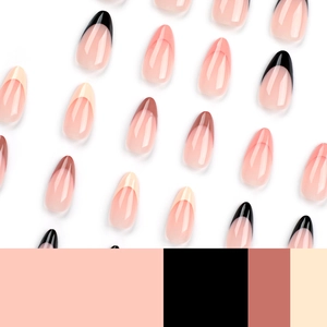 Almond-shaped press-on nails with colorful French tips in black, pink, and brown