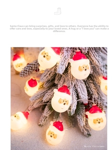 Detail of warm white LED string lights featuring Santa Claus figures on a snowy tree