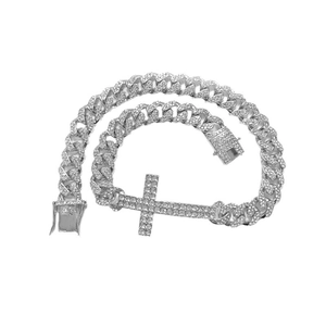 Silver hip hop Cuban link bracelet with iced out cross pendant and sparkling rhinestones
