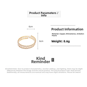 Detailed specs of 3-layer pearl cuff bracelet with rhinestones, 6cm diameter