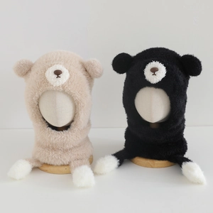 Ensemble écharpe capuche ours pour enfants en kaki et noir, peluche chaude coupe-vent