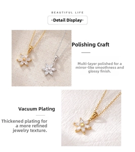 Detailed macro view of polished flower pendant necklace with shimmering zircon stones
