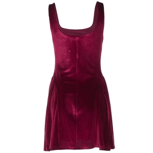 Close-up of elegant burgundy velvet sleeveless dress with square neckline and texture