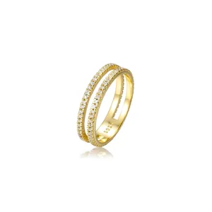 Elegant S925 sterling silver gold plated double layer ring with sparkling cubic zirconia