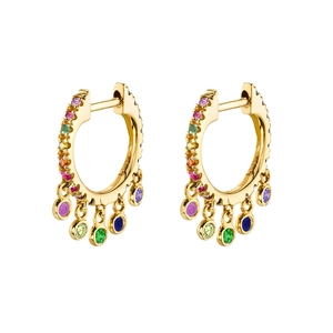 Rainbow hoop earrings with colorful zircon charms and golden finish for women