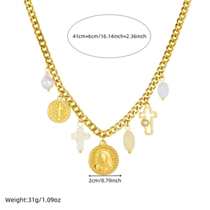 Detail of gold necklace with religious pendants, pearl, and cross including size specs