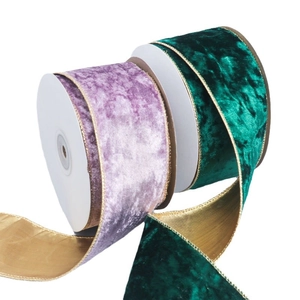 Velvet ribbon with gold wire edges for DIY Christmas bows in purple and dark green