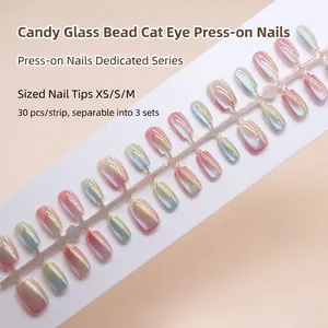 Cat Eye Press On Nails Gradient Aurora Candy Color Glass Bead Effect Short Ballet Square Round Shape ABS Plastic For Women