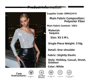 Detail specifications and material parameters for white sequin one-shoulder bodysuit