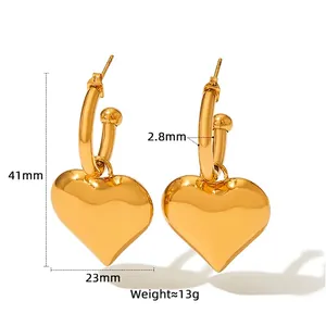 Golden stainless steel heart pendant C-hoop earrings with 41mm height dimensions