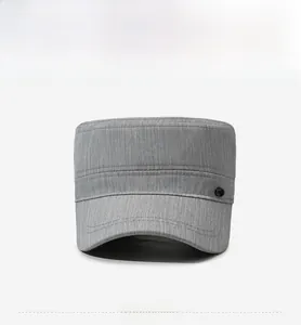 Detailed front view of a grey men's outdoor leisure flat-top cap with stitching details